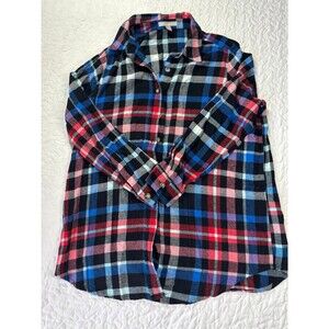 Woman Within Blue Red White Flannel Long Sleeve Button Up Shirt size medium